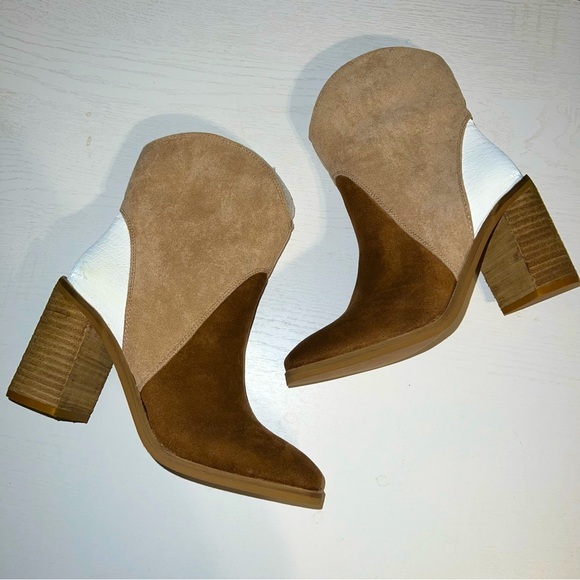 Wester Booties Color Block Heeled Square Toe Coastal Cowgirl Womens Suede - Picture 4 of 4